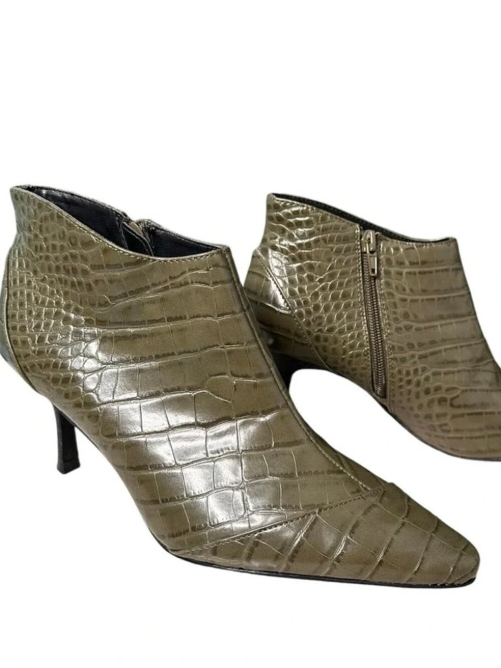 Zara | Croc Print Embossed Heeled Olive Green Ankle Boot Booties, Sz EU 40 US 9
